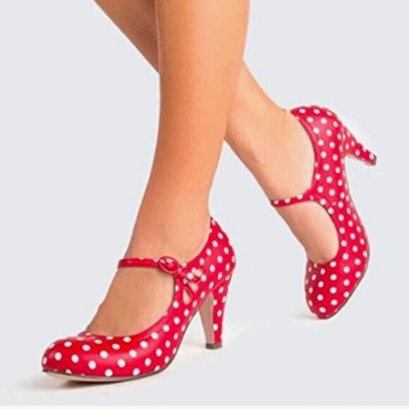 ⛱️J. Adams Red & White Polka Dot Retro Mary Jane Heels Size 8 - Picture 2 of 16